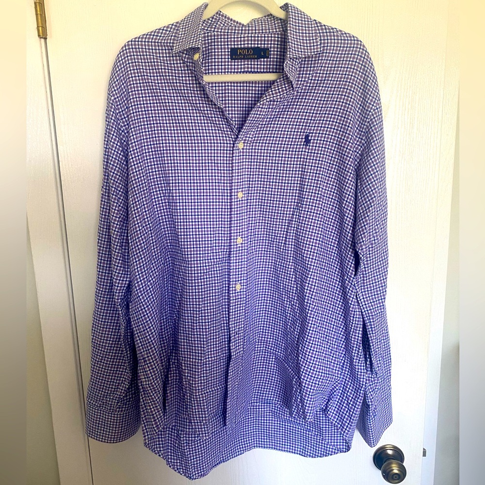 Men's Navy & Purple Plaid Polo Long Sleeve Button Down